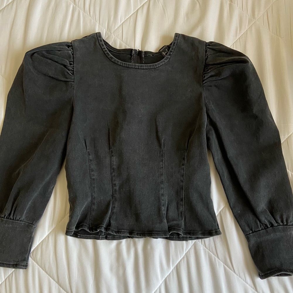 Forever 21 black denim puff sleeve shirt